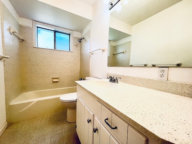 full bathroom with tiled shower / bath combo, vanity, and toilet