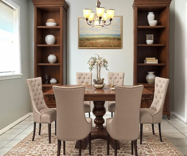 dining space featuring built in features, light tile patterned floors, and a notable chandelier