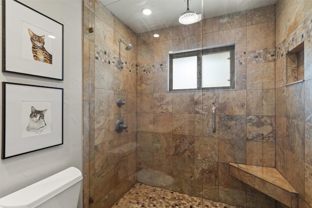 bathroom featuring tiled shower and toilet