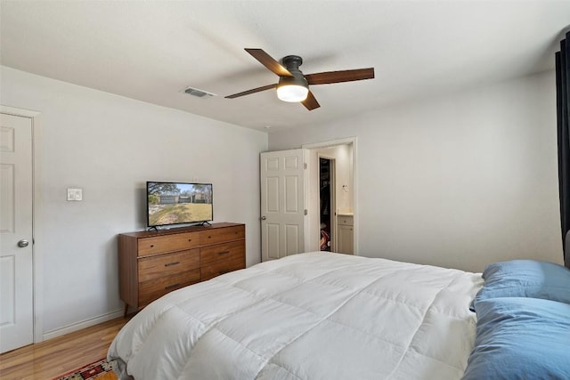 bedroom featuring ceiling fan and light wood-type flooring