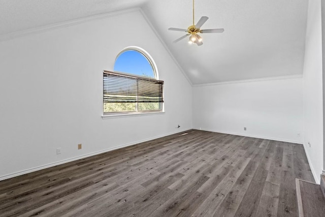 bonus room with ceiling fan, dark hardwood / wood-style flooring, and high vaulted ceiling