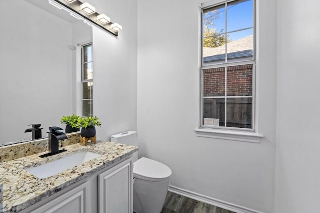 bathroom with vanity, toilet, and hardwood / wood-style floors