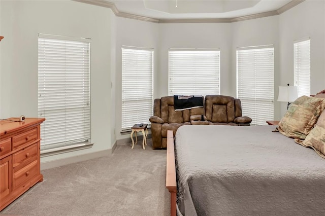 bedroom with crown molding and light colored carpet