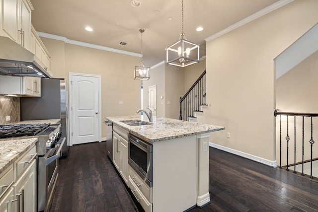 kitchen with appliances with stainless steel finishes, sink, hanging light fixtures, light stone counters, and a center island with sink