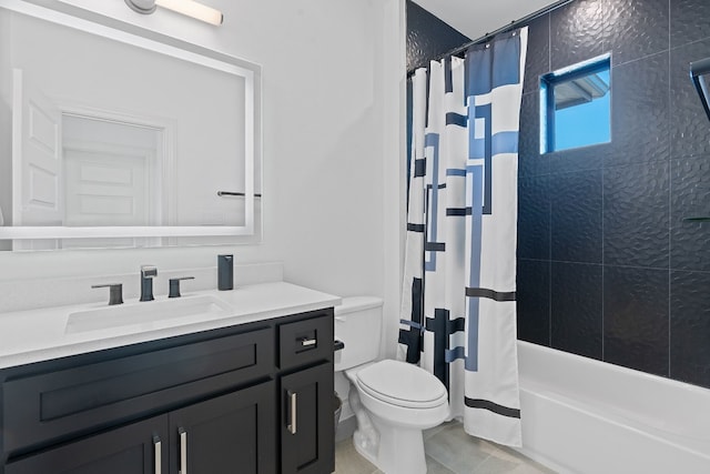 full bathroom featuring toilet, vanity, and shower / bathtub combination with curtain