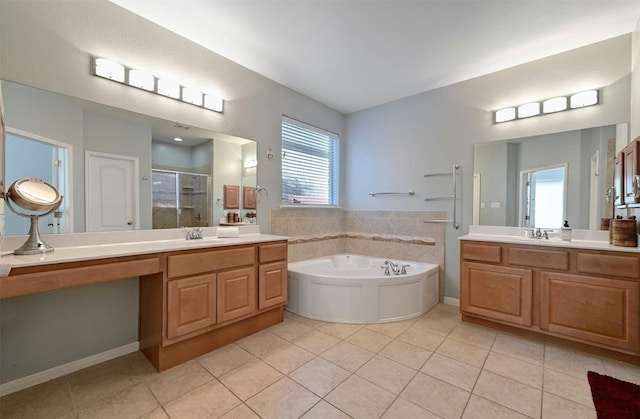 bathroom featuring tile patterned flooring, vanity, and independent shower and bath