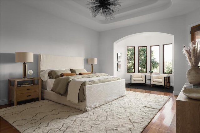 bedroom featuring dark hardwood / wood-style floors and a raised ceiling