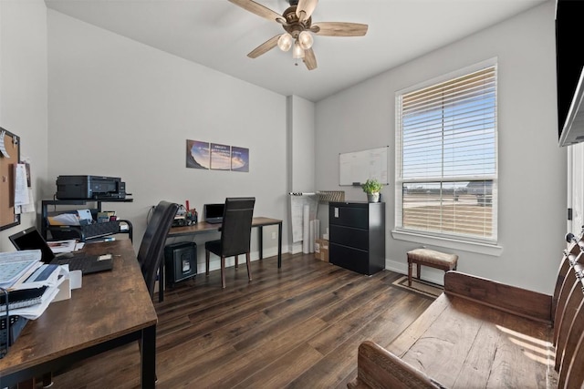 office area with dark hardwood / wood-style floors and ceiling fan