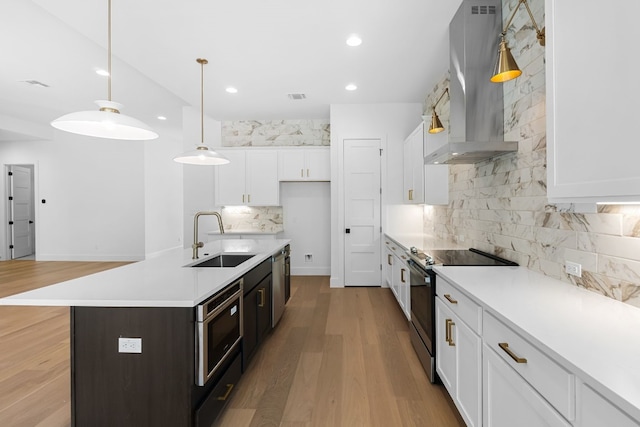 kitchen featuring appliances with stainless steel finishes, range hood, sink, white cabinets, and hanging light fixtures