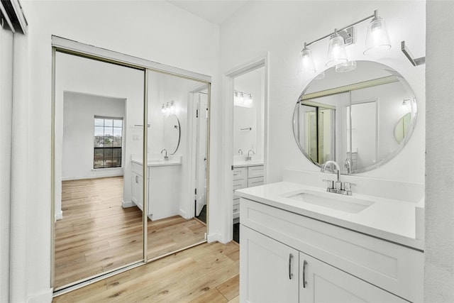 bathroom with wood-type flooring and vanity