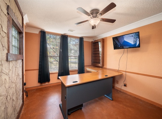 unfurnished office featuring ornamental molding, ceiling fan, and a textured ceiling