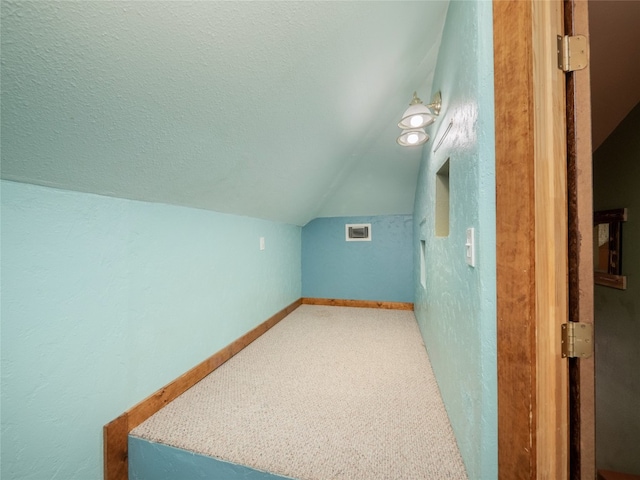 additional living space featuring vaulted ceiling, carpet floors, and a textured ceiling