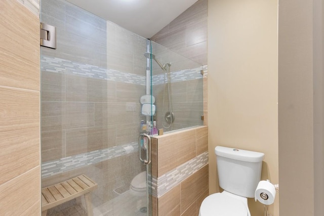 bathroom featuring toilet, a shower with shower door, and vaulted ceiling