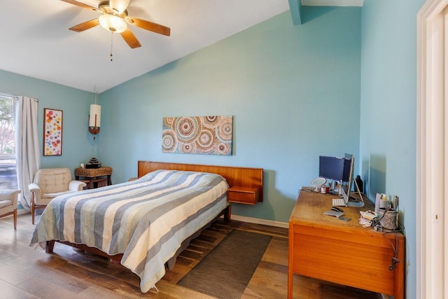 bedroom with ceiling fan, wood-type flooring, and vaulted ceiling