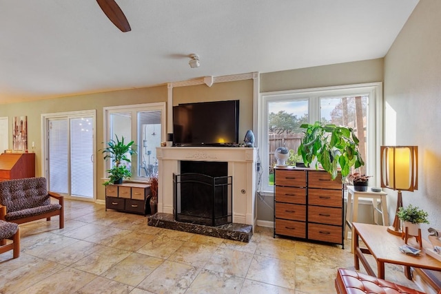 living room featuring ceiling fan