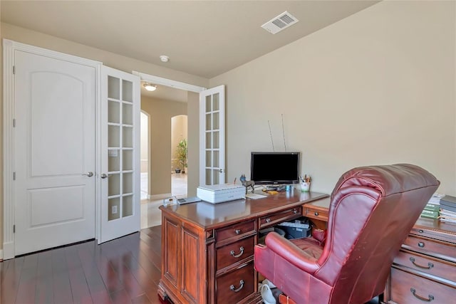 office featuring dark hardwood / wood-style floors and french doors