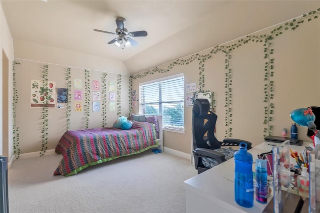 bedroom featuring vaulted ceiling, carpet, and ceiling fan