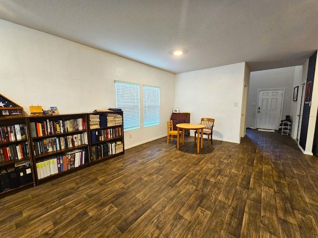 interior space featuring dark wood-type flooring and a textured ceiling