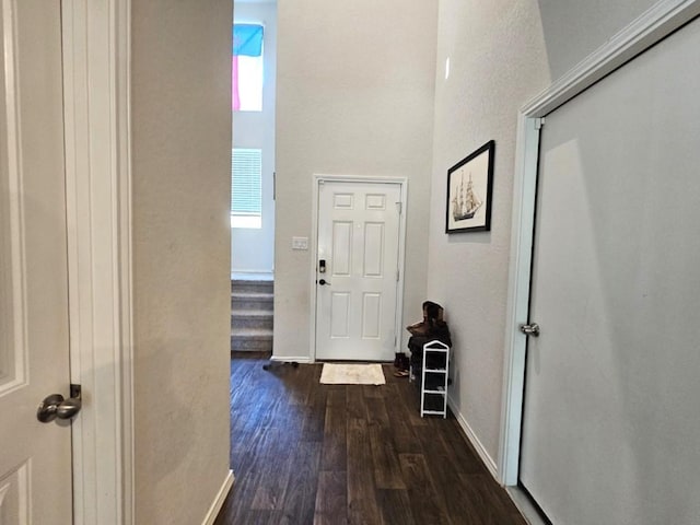 corridor featuring dark wood-type flooring and a towering ceiling