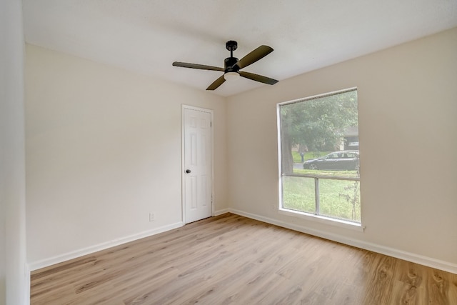 unfurnished room with ceiling fan and light wood-type flooring