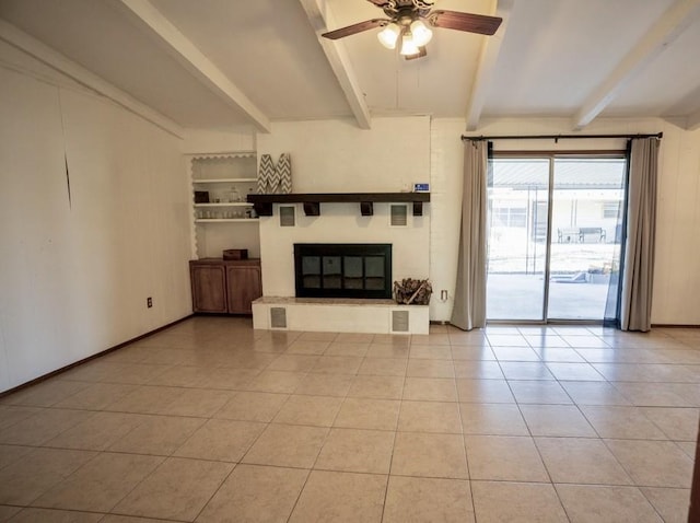 unfurnished living room featuring beamed ceiling, light tile patterned floors, and ceiling fan