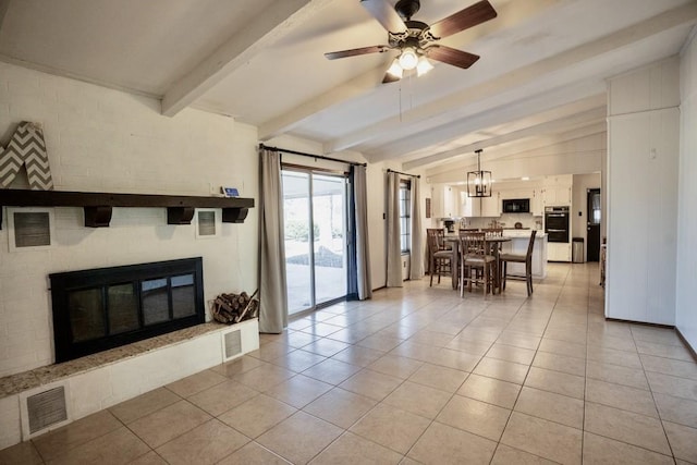 tiled living room with lofted ceiling with beams and ceiling fan