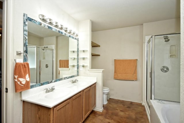 full bathroom with shower with separate bathtub, vanity, and toilet