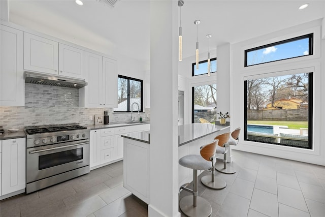 kitchen with pendant lighting, sink, high end stainless steel range oven, white cabinetry, and backsplash