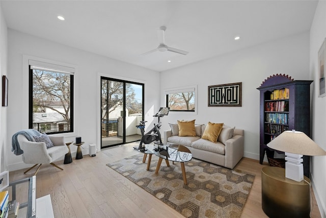 living room with ceiling fan and light hardwood / wood-style flooring