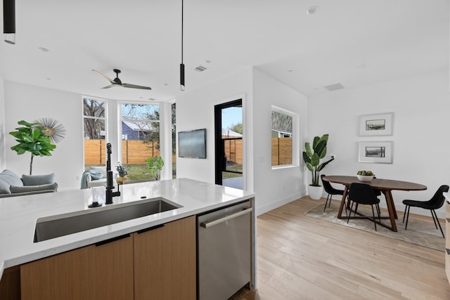 kitchen featuring dishwasher, sink, a wealth of natural light, and light hardwood / wood-style flooring