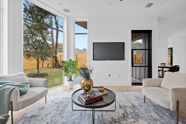 living room with floor to ceiling windows and light hardwood / wood-style floors