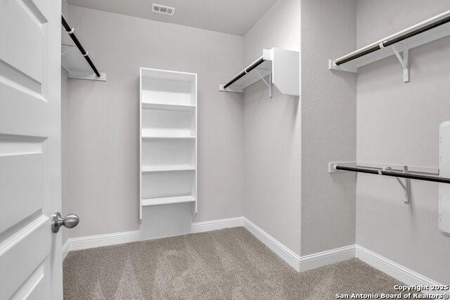 walk in closet featuring light colored carpet