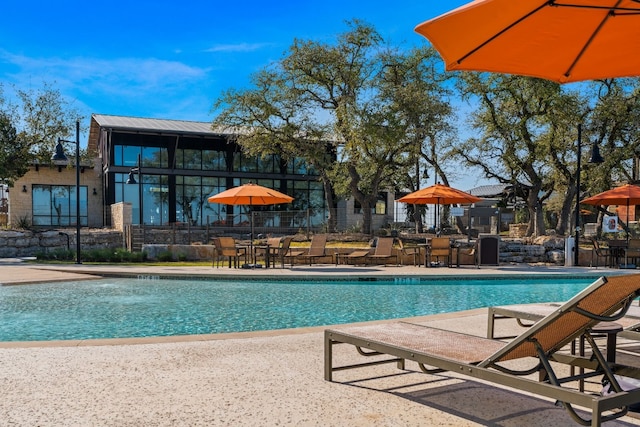 view of swimming pool with a patio area