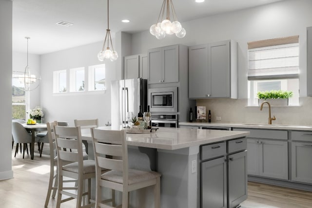 kitchen with sink, gray cabinets, backsplash, stainless steel appliances, and a center island