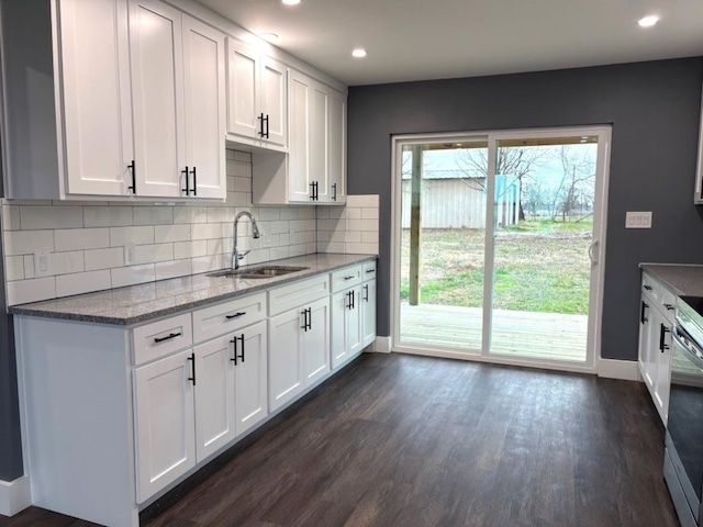 kitchen featuring sink, light stone counters, white cabinets, and dark hardwood / wood-style flooring