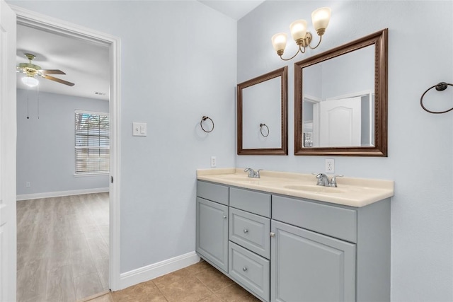 bathroom featuring vanity, tile patterned flooring, and ceiling fan