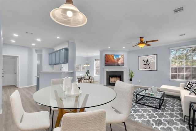 dining area featuring ceiling fan with notable chandelier and light hardwood / wood-style flooring