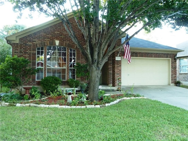 exterior space featuring a garage and a front lawn