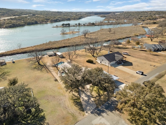 aerial view featuring a water view