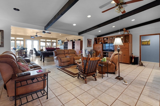 tiled living room with lofted ceiling with beams and ceiling fan