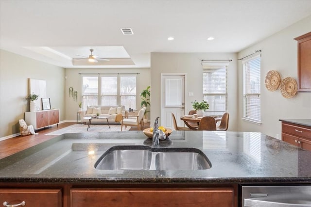 kitchen with a raised ceiling, dark stone countertops, stainless steel dishwasher, and ceiling fan