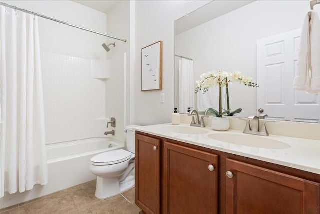 full bathroom with shower / bath combination with curtain, vanity, toilet, and tile patterned flooring