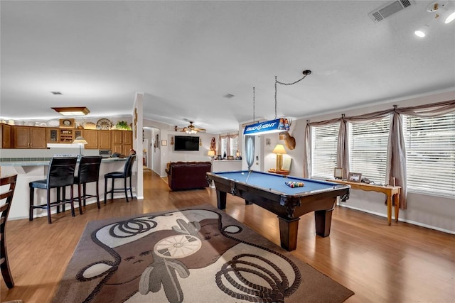 playroom featuring pool table and light hardwood / wood-style floors