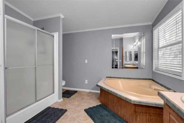 full bathroom with ornamental molding, vanity, toilet, and independent shower and bath