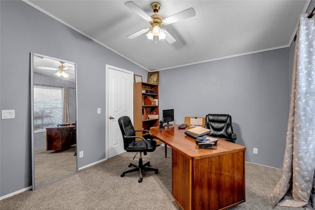 office with crown molding, ceiling fan, lofted ceiling, and light carpet