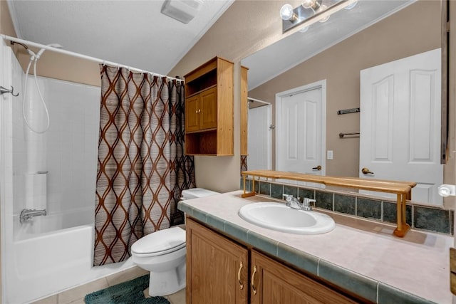 full bathroom featuring vanity, tile patterned flooring, toilet, and shower / tub combo with curtain