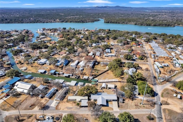 bird's eye view featuring a water view and a view of trees