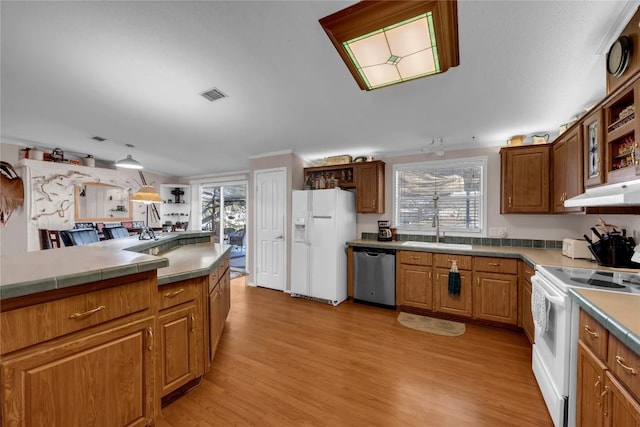 kitchen with sink, white appliances, and light hardwood / wood-style flooring