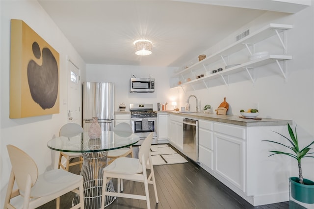 kitchen with white cabinetry, appliances with stainless steel finishes, dark hardwood / wood-style flooring, and sink