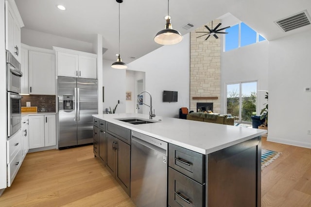 kitchen featuring white cabinetry, stainless steel appliances, sink, and a kitchen island with sink